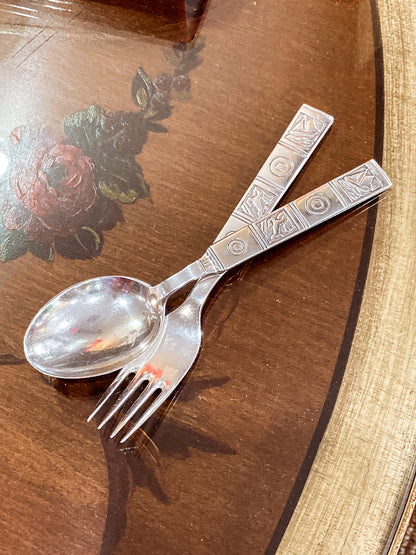 Vintage Dutch Sterling Silver Sailboat Horse Motif Childs Spoon Fork Silverware Set