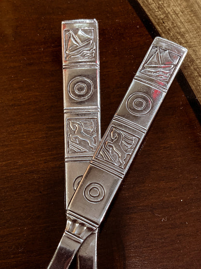 Vintage Dutch Sterling Silver Sailboat Horse Motif Childs Spoon Fork Silverware Set