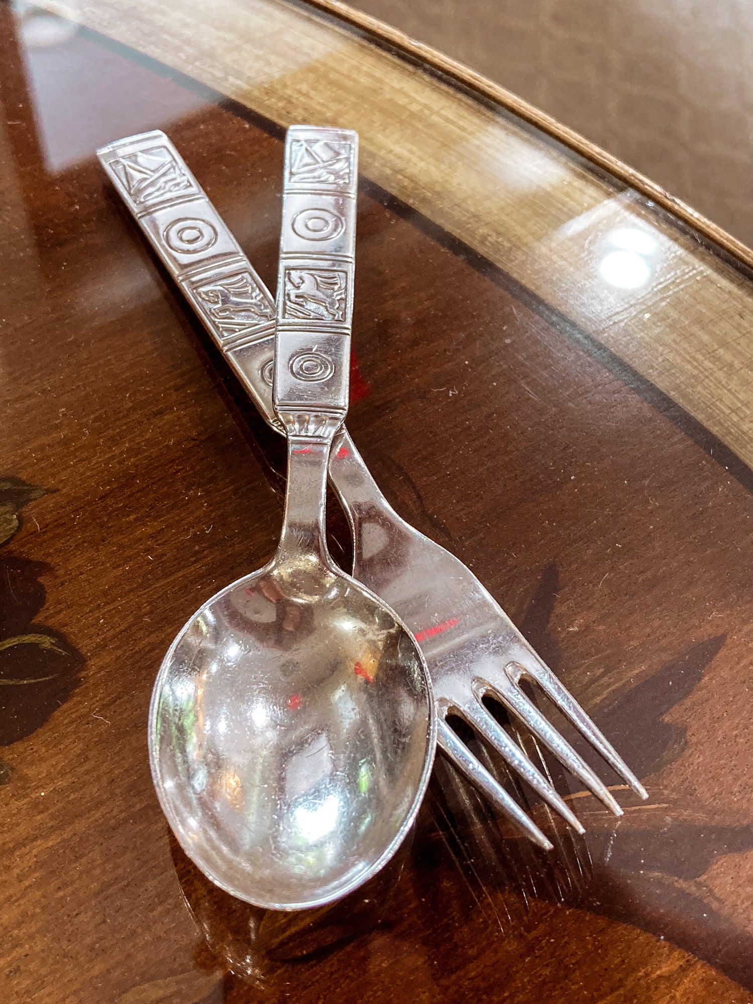 Vintage Dutch Sterling Silver Sailboat Horse Motif Childs Spoon Fork Silverware Set