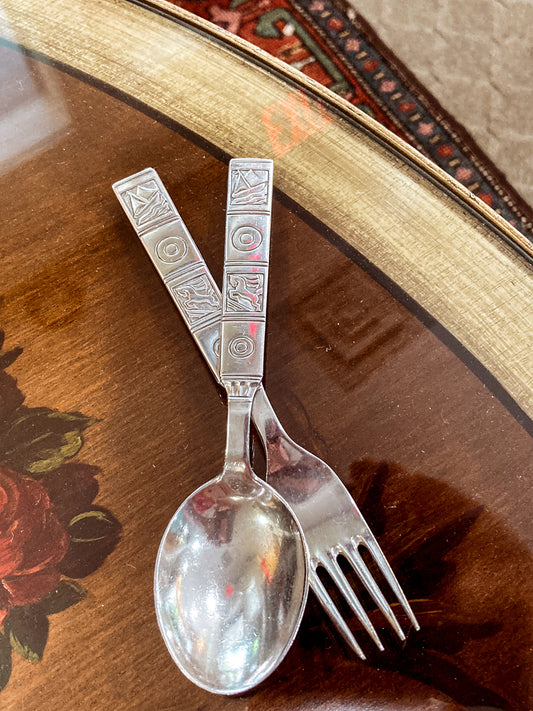 Vintage Dutch Sterling Silver Sailboat Horse Motif Childs Spoon Fork Silverware Set