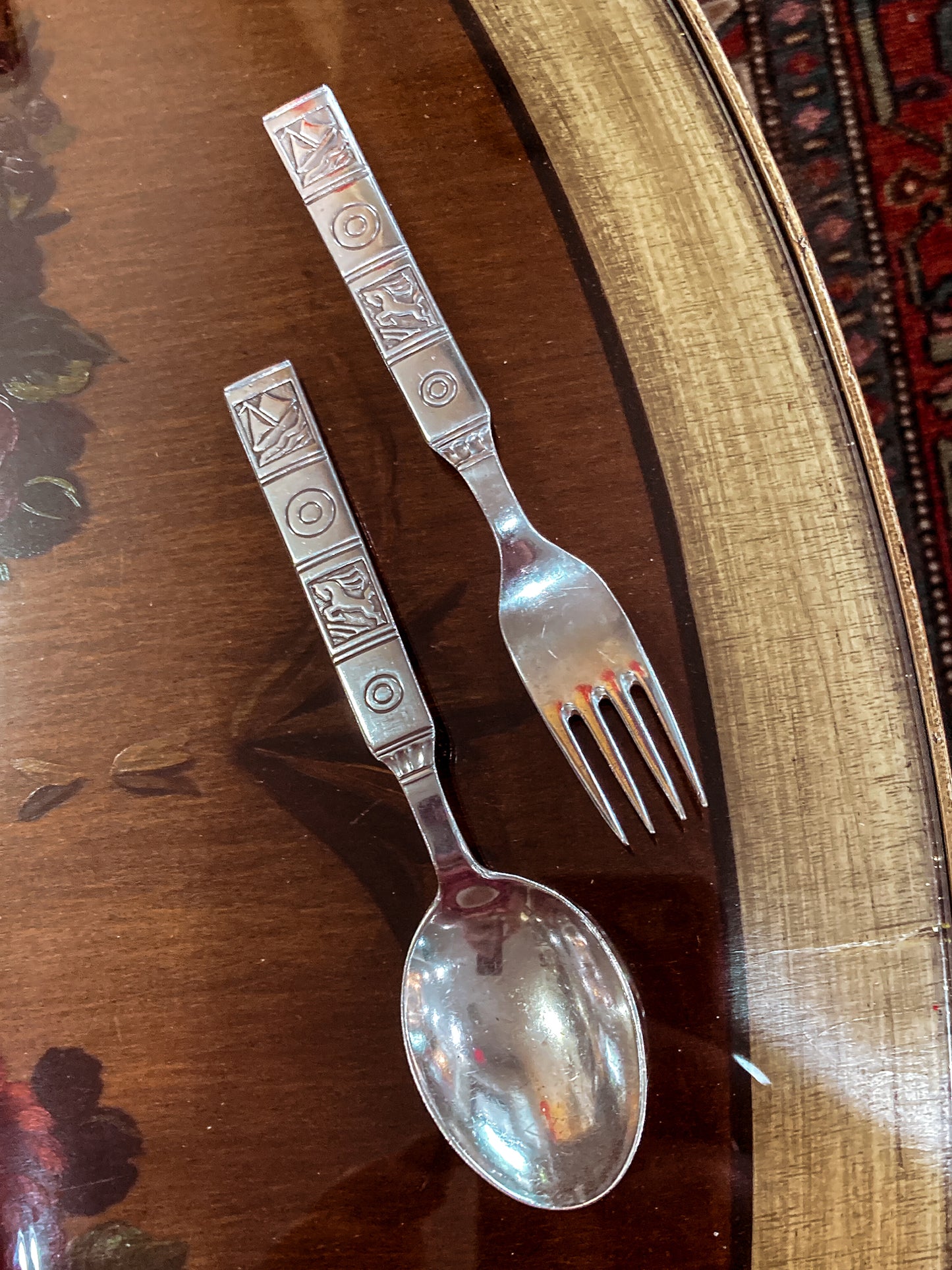Vintage Dutch Sterling Silver Sailboat Horse Motif Childs Spoon Fork Silverware Set