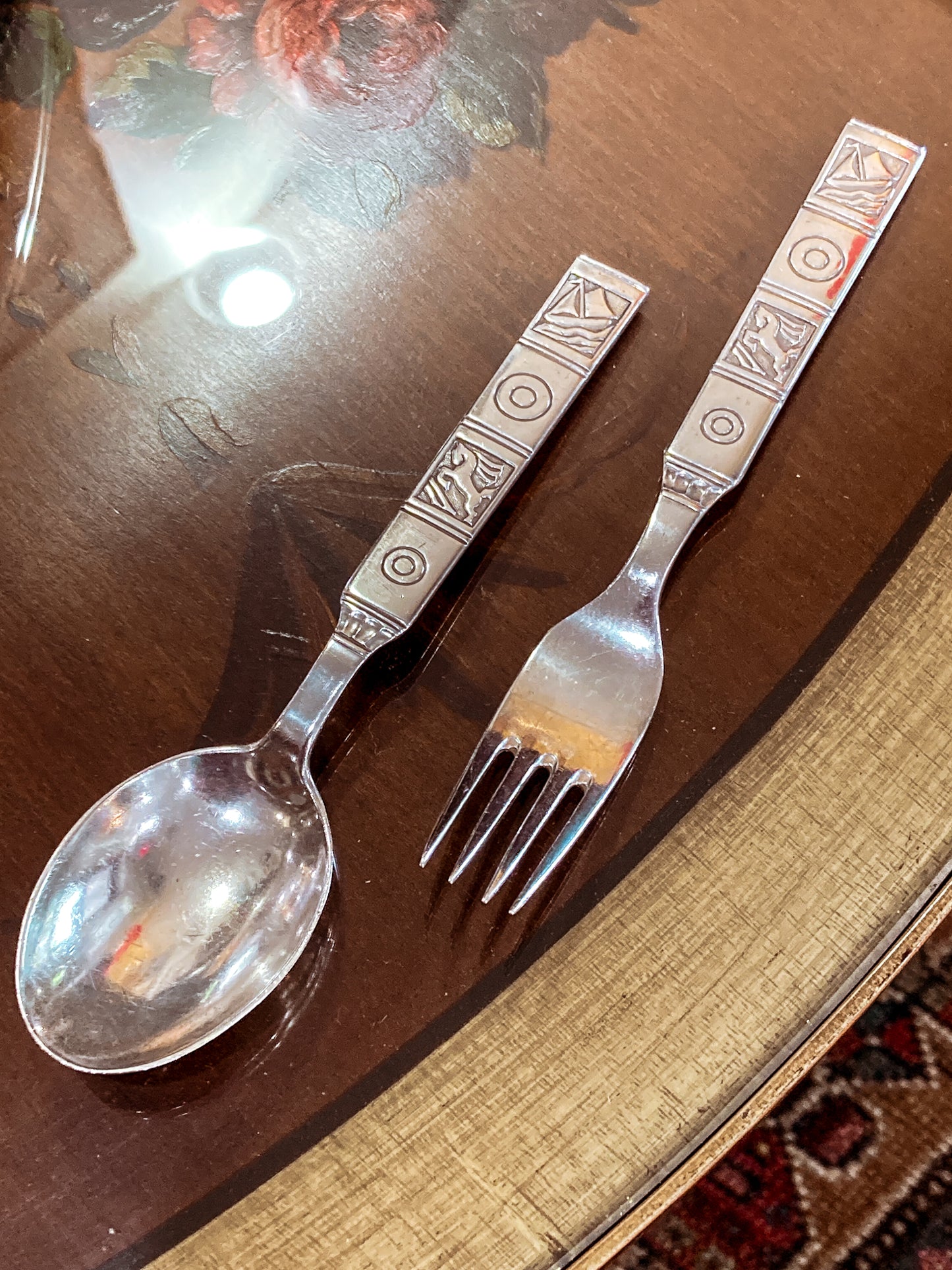 Vintage Dutch Sterling Silver Sailboat Horse Motif Childs Spoon Fork Silverware Set
