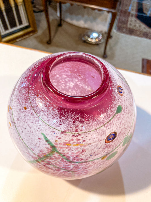 Vintage Earl James Handblown Magenta Colorful Splotch Globe Glass Vase