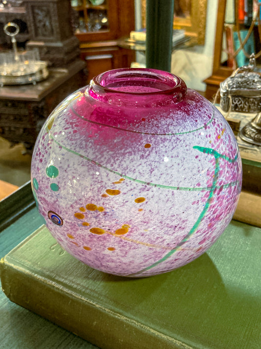 Vintage Earl James Handblown Magenta Colorful Splotch Globe Glass Vase