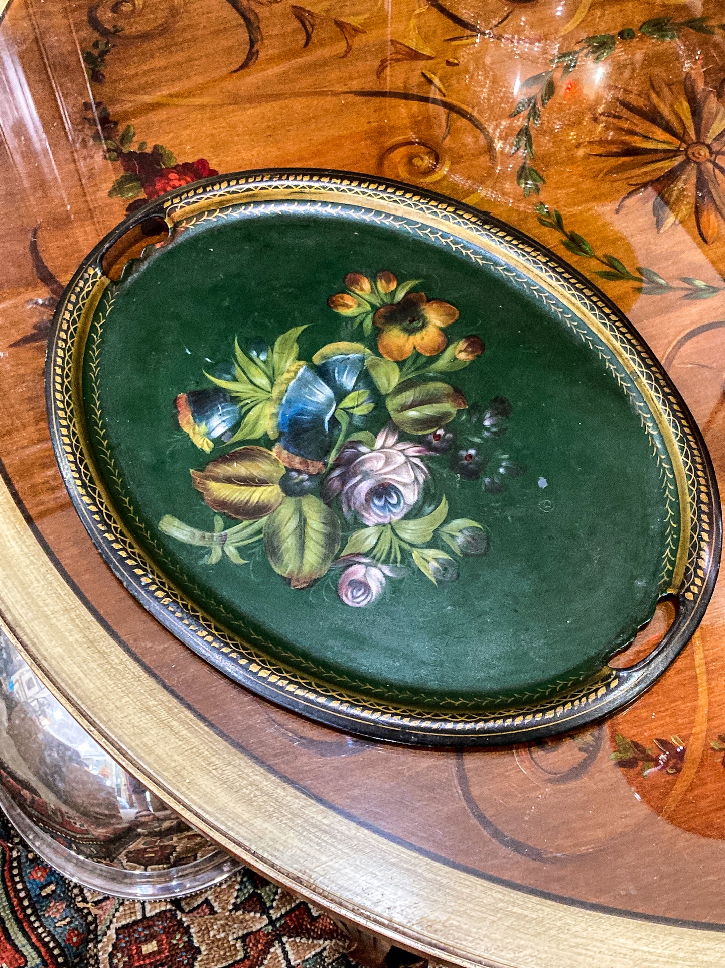 Vintage Emerald Green Painted Gilt Detail Floral Bouquet Oval Tole Tray