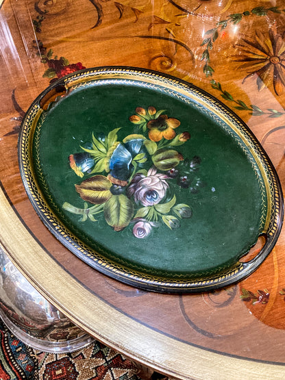 Vintage Emerald Green Painted Gilt Detail Floral Bouquet Oval Tole Tray
