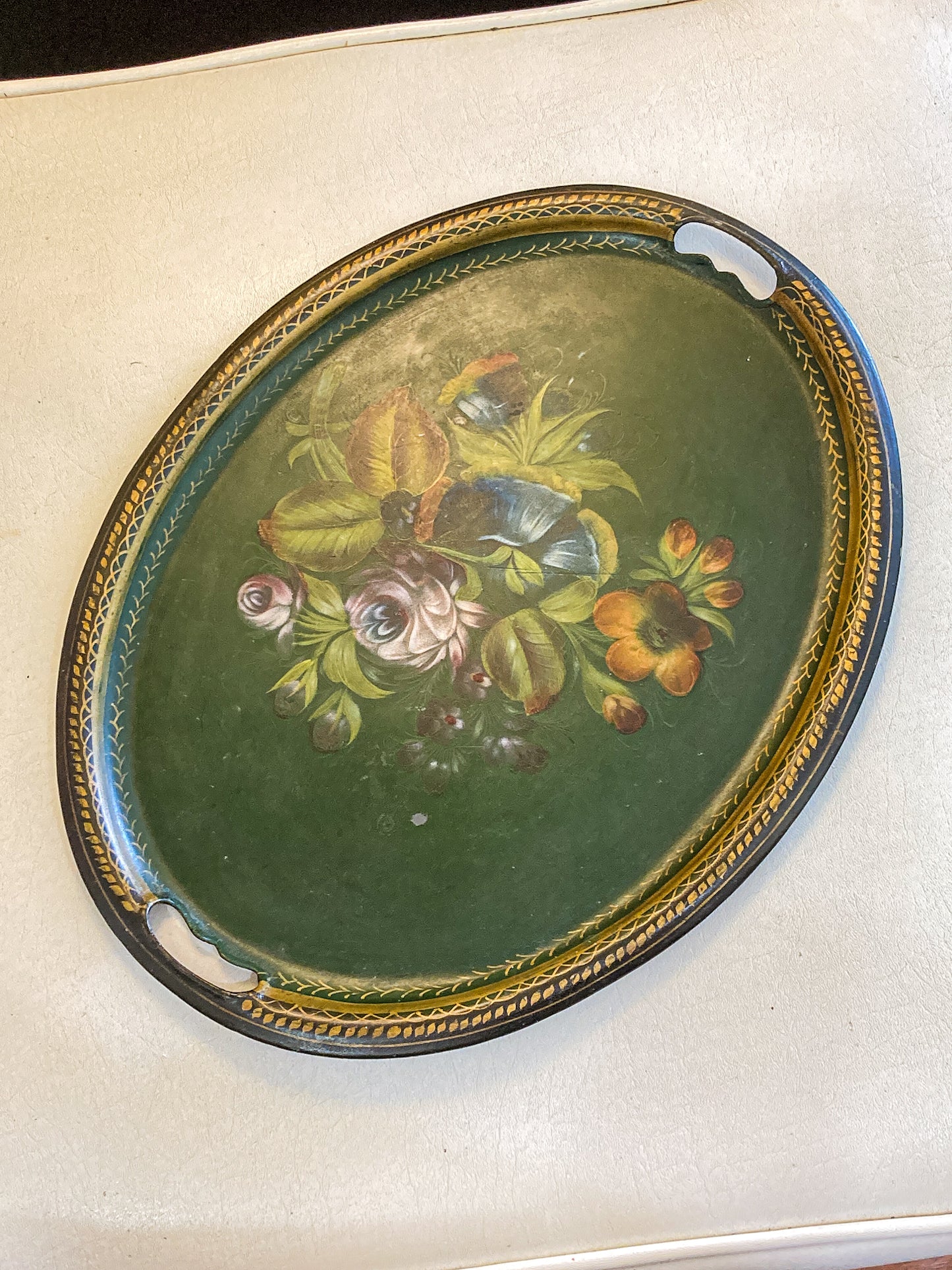 Vintage Emerald Green Painted Gilt Detail Floral Bouquet Oval Tole Tray