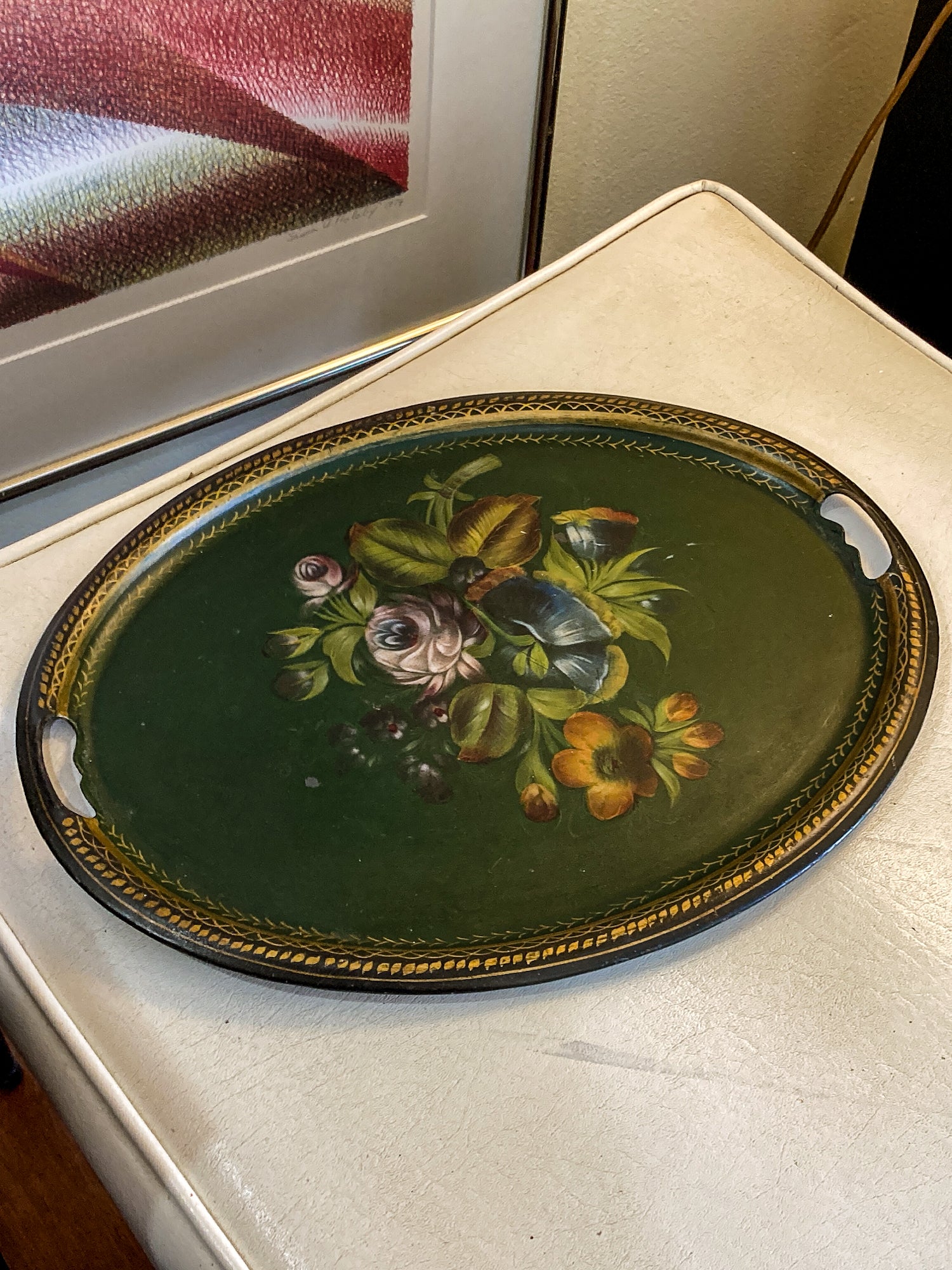 Vintage Emerald Green Painted Gilt Detail Floral Bouquet Oval Tole Tray
