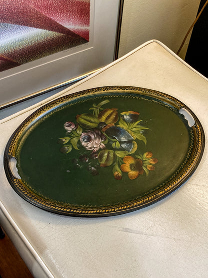 Vintage Emerald Green Painted Gilt Detail Floral Bouquet Oval Tole Tray