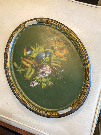 Vintage Emerald Green Painted Gilt Detail Floral Bouquet Oval Tole Tray