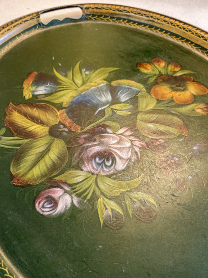 Vintage Emerald Green Painted Gilt Detail Floral Bouquet Oval Tole Tray