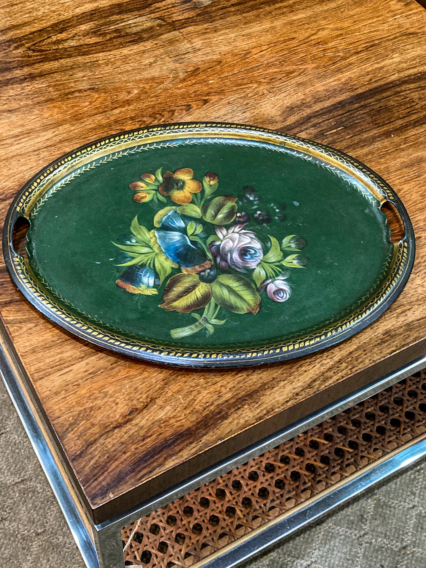 Vintage Emerald Green Painted Gilt Detail Floral Bouquet Oval Tole Tray