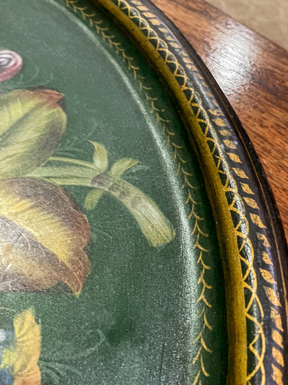 Vintage Emerald Green Painted Gilt Detail Floral Bouquet Oval Tole Tray