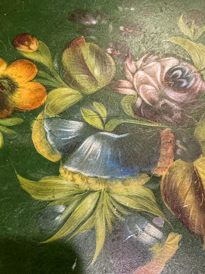 Vintage Emerald Green Painted Gilt Detail Floral Bouquet Oval Tole Tray