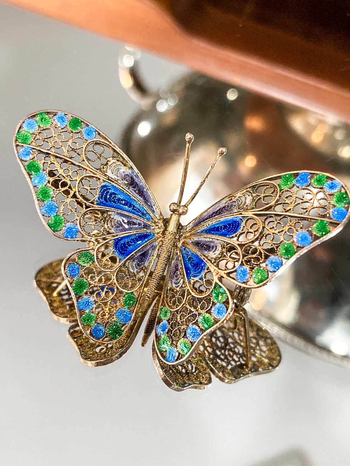 Vintage Enameled 800 Silver Blue Green Filigree Butterfly Brooch Pin