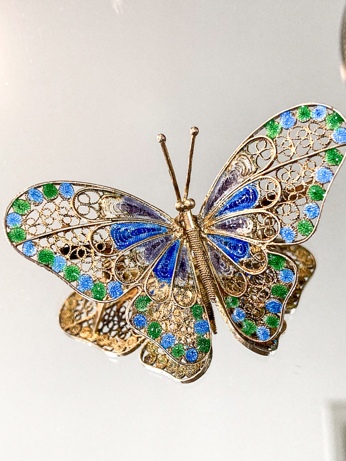 Vintage Enameled 800 Silver Blue Green Filigree Butterfly Brooch Pin