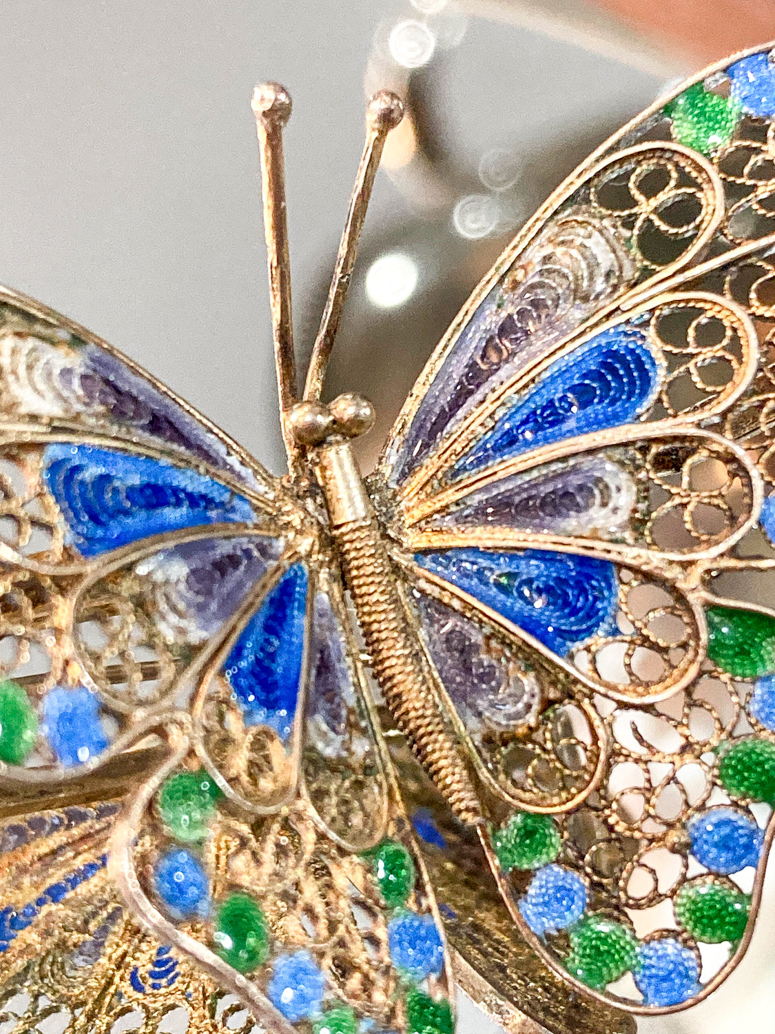 Vintage Enameled 800 Silver Blue Green Filigree Butterfly Brooch Pin