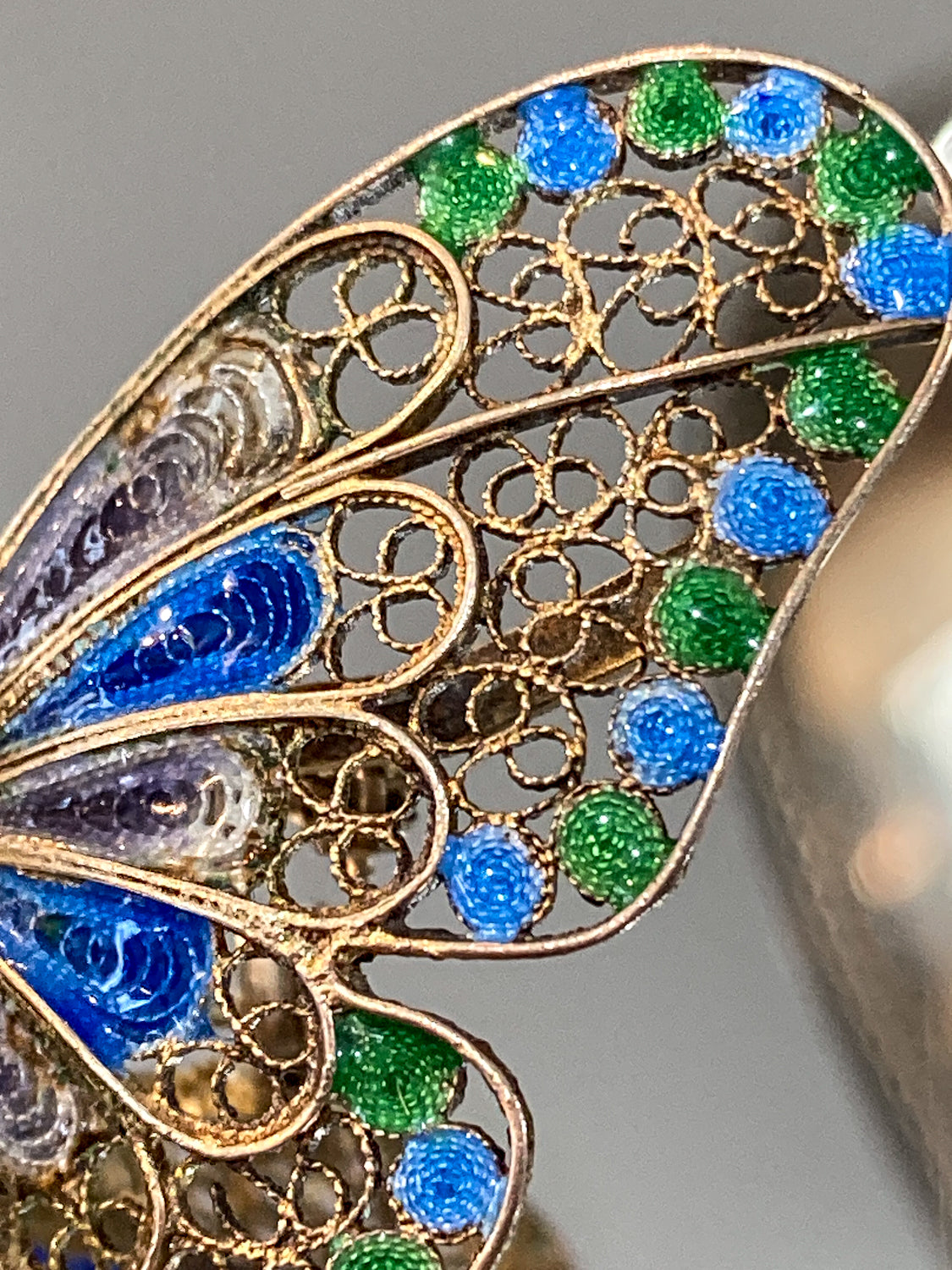 Vintage Enameled 800 Silver Blue Green Filigree Butterfly Brooch Pin