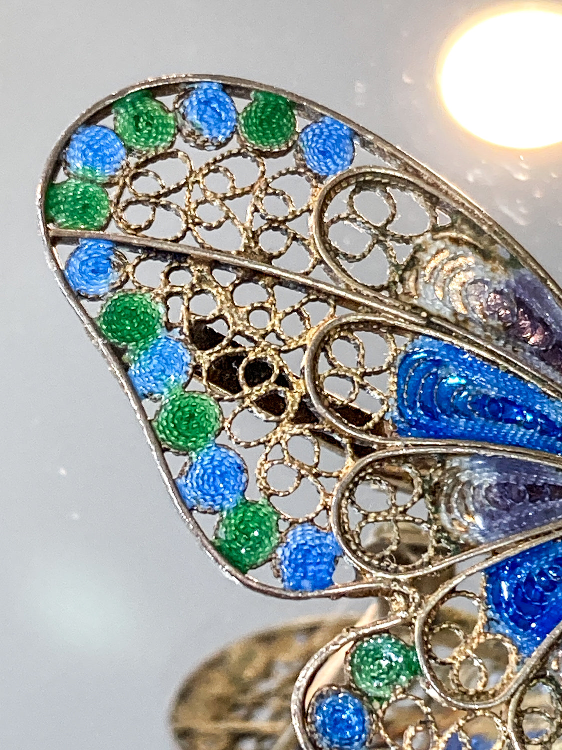 Vintage Enameled 800 Silver Blue Green Filigree Butterfly Brooch Pin