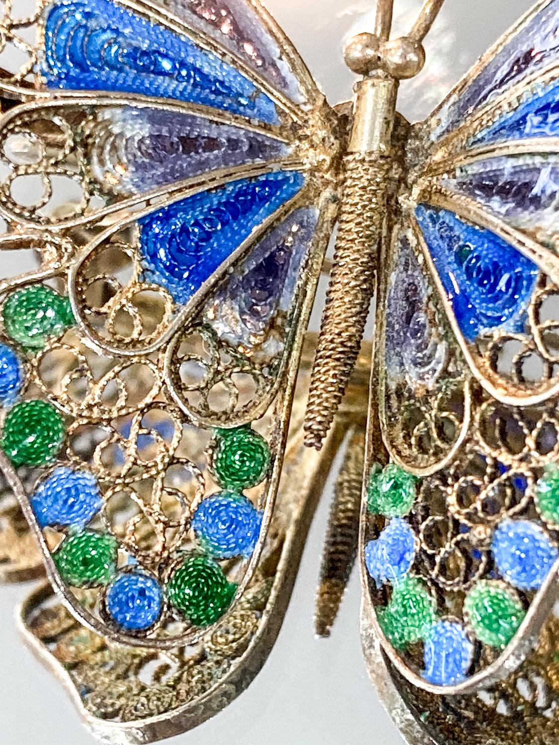 Vintage Enameled 800 Silver Blue Green Filigree Butterfly Brooch Pin