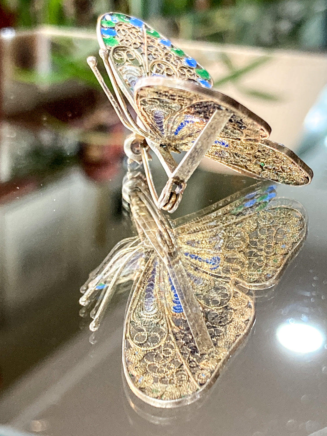 Vintage Enameled 800 Silver Blue Green Filigree Butterfly Brooch Pin