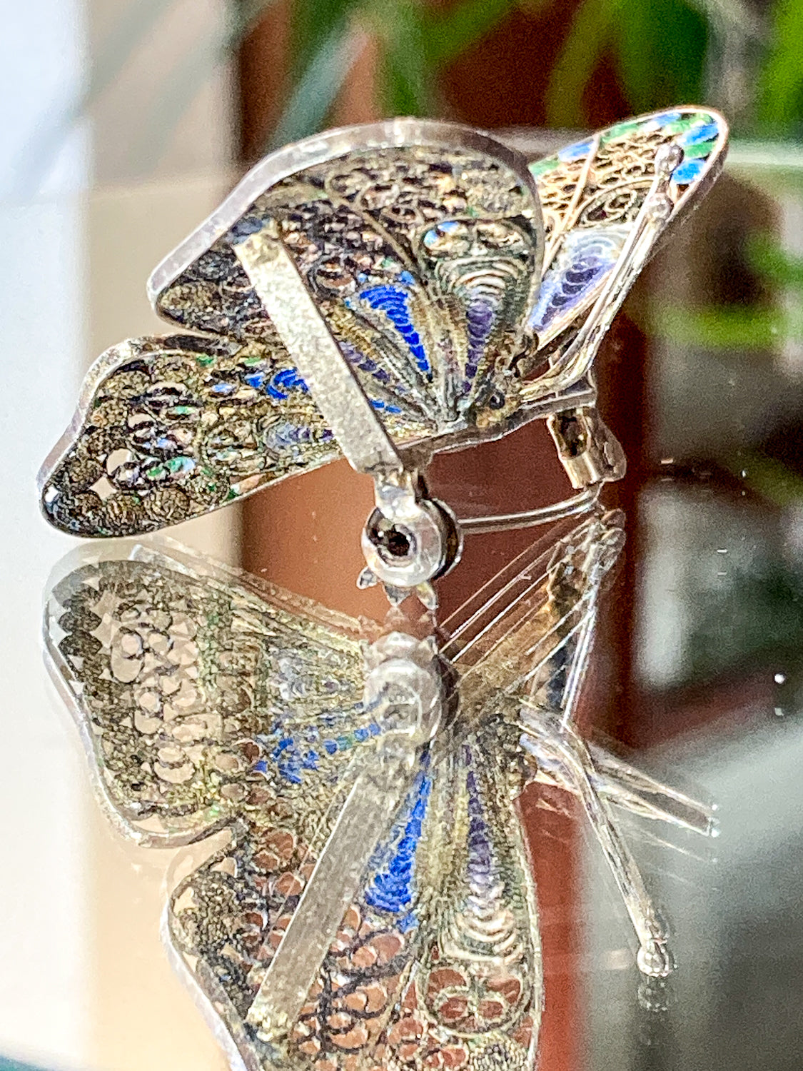 Vintage Enameled 800 Silver Blue Green Filigree Butterfly Brooch Pin