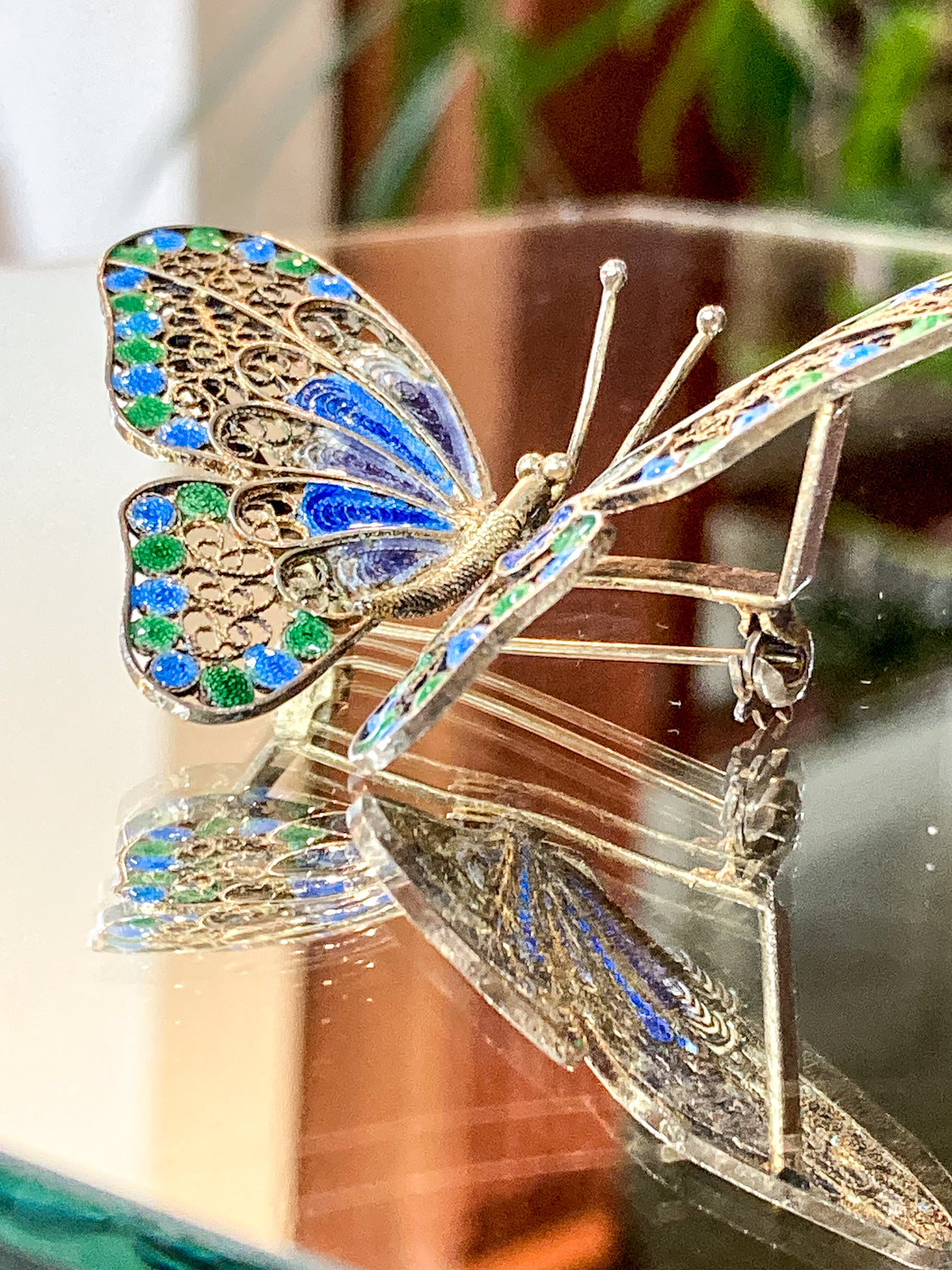 Vintage Enameled 800 Silver Blue Green Filigree Butterfly Brooch Pin