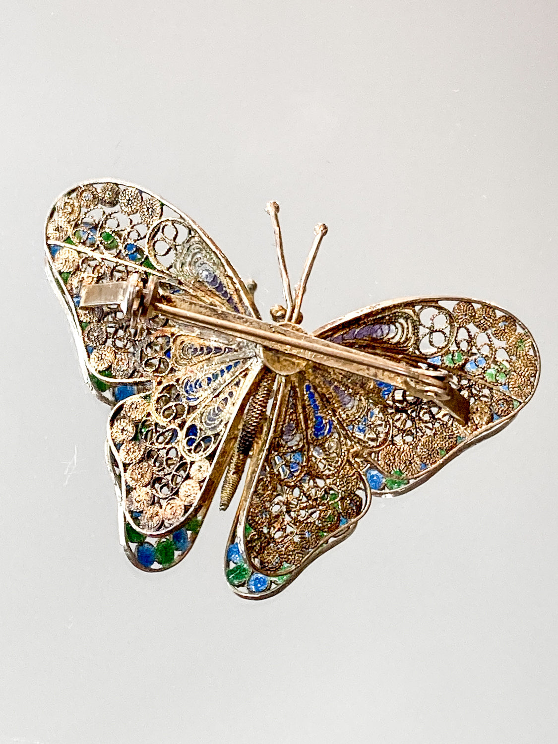 Vintage Enameled 800 Silver Blue Green Filigree Butterfly Brooch Pin