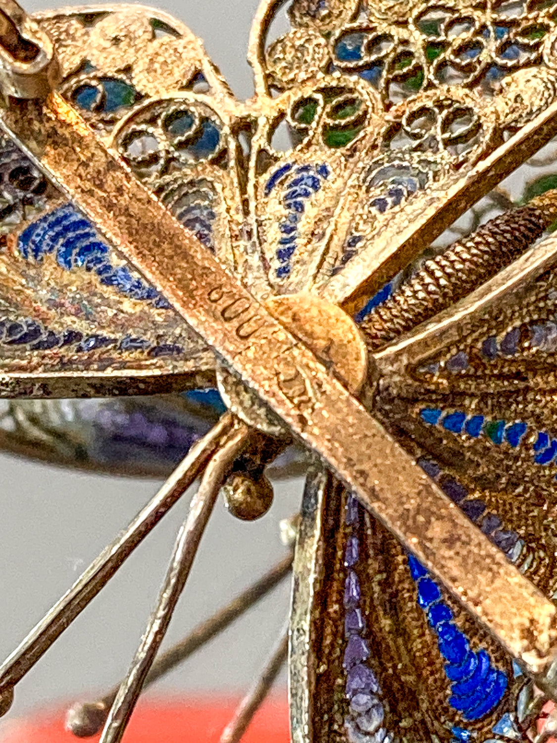 Vintage Enameled 800 Silver Blue Green Filigree Butterfly Brooch Pin
