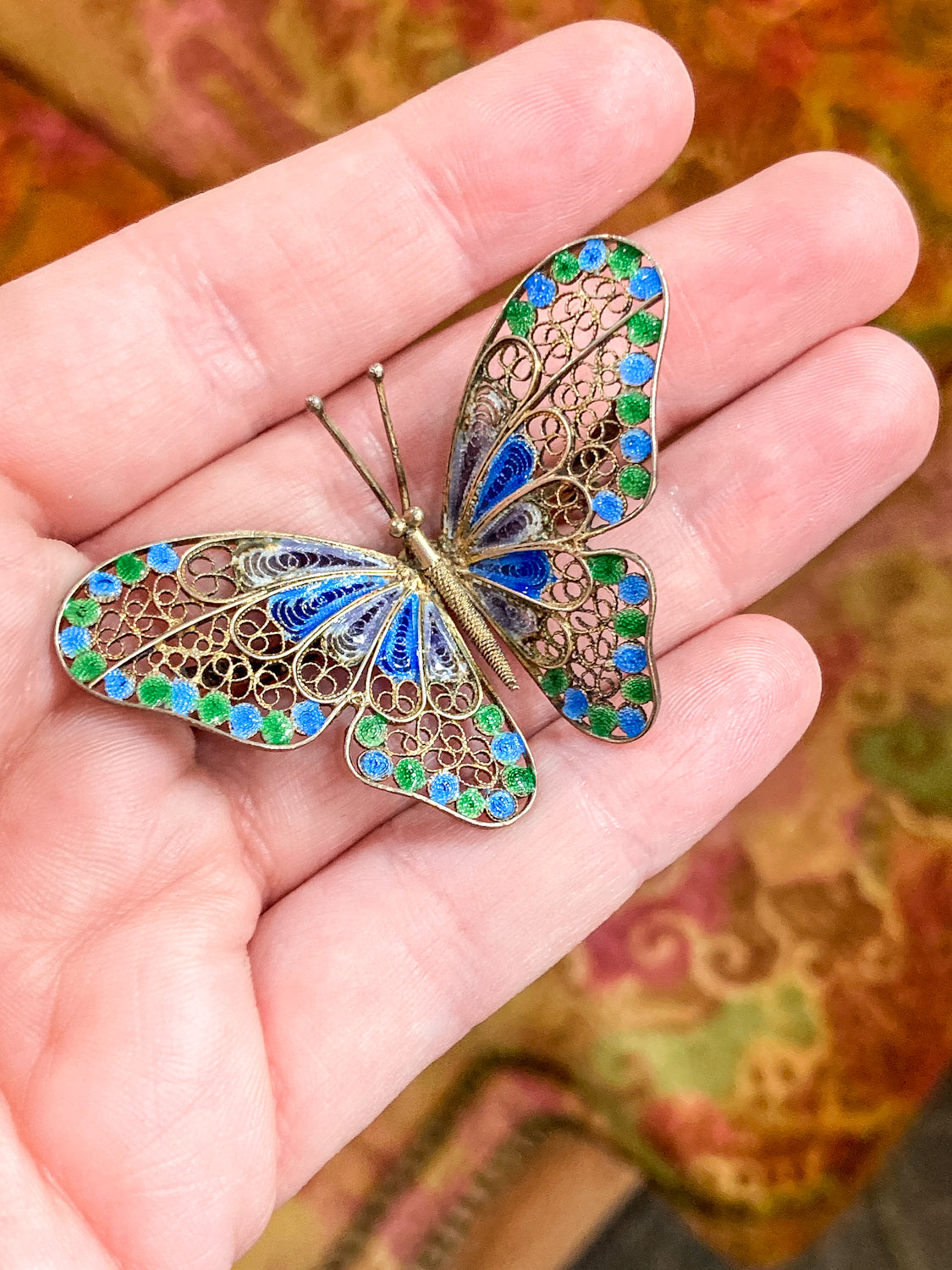 Vintage Enameled 800 Silver Blue Green Filigree Butterfly Brooch Pin