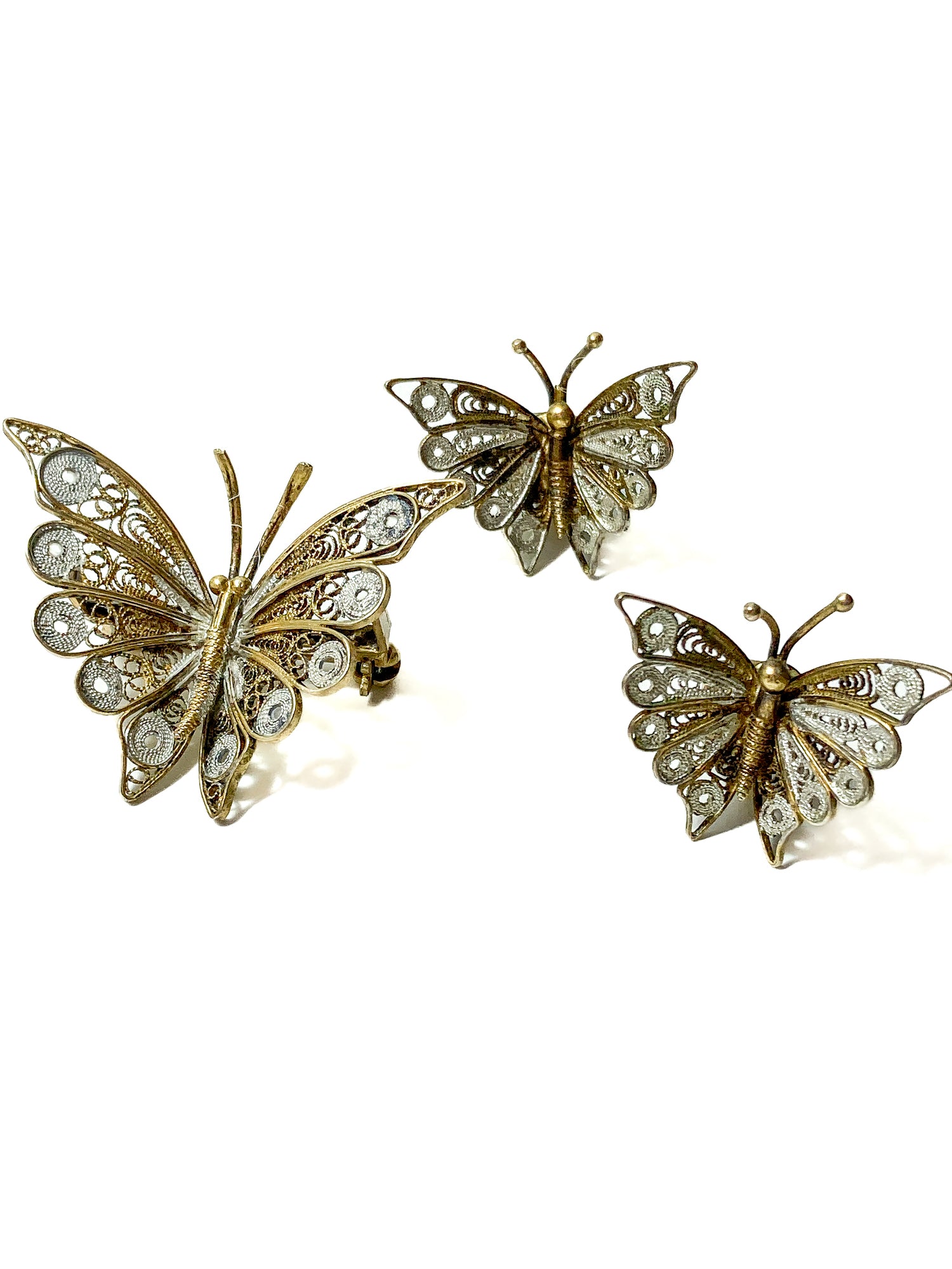 Vintage Enameled 800 Silver Filigree Butterfly Brooch Clip Earrings Set