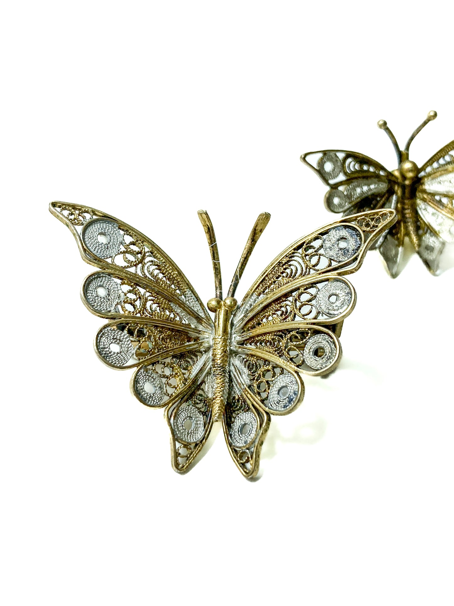 Vintage Enameled 800 Silver Filigree Butterfly Brooch Clip Earrings Set