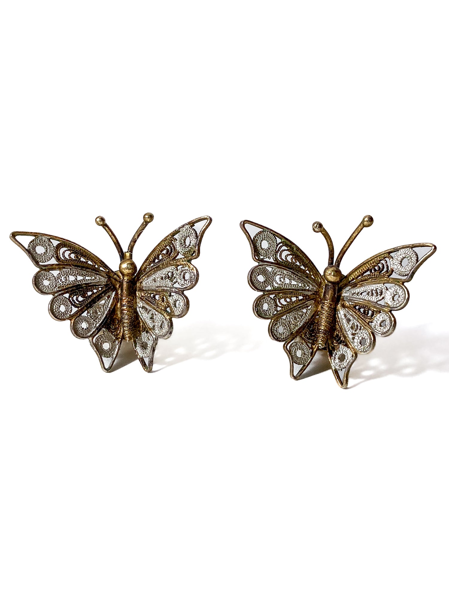 Vintage Enameled 800 Silver Filigree Butterfly Brooch Clip Earrings Set