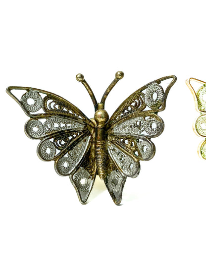 Vintage Enameled 800 Silver Filigree Butterfly Brooch Clip Earrings Set
