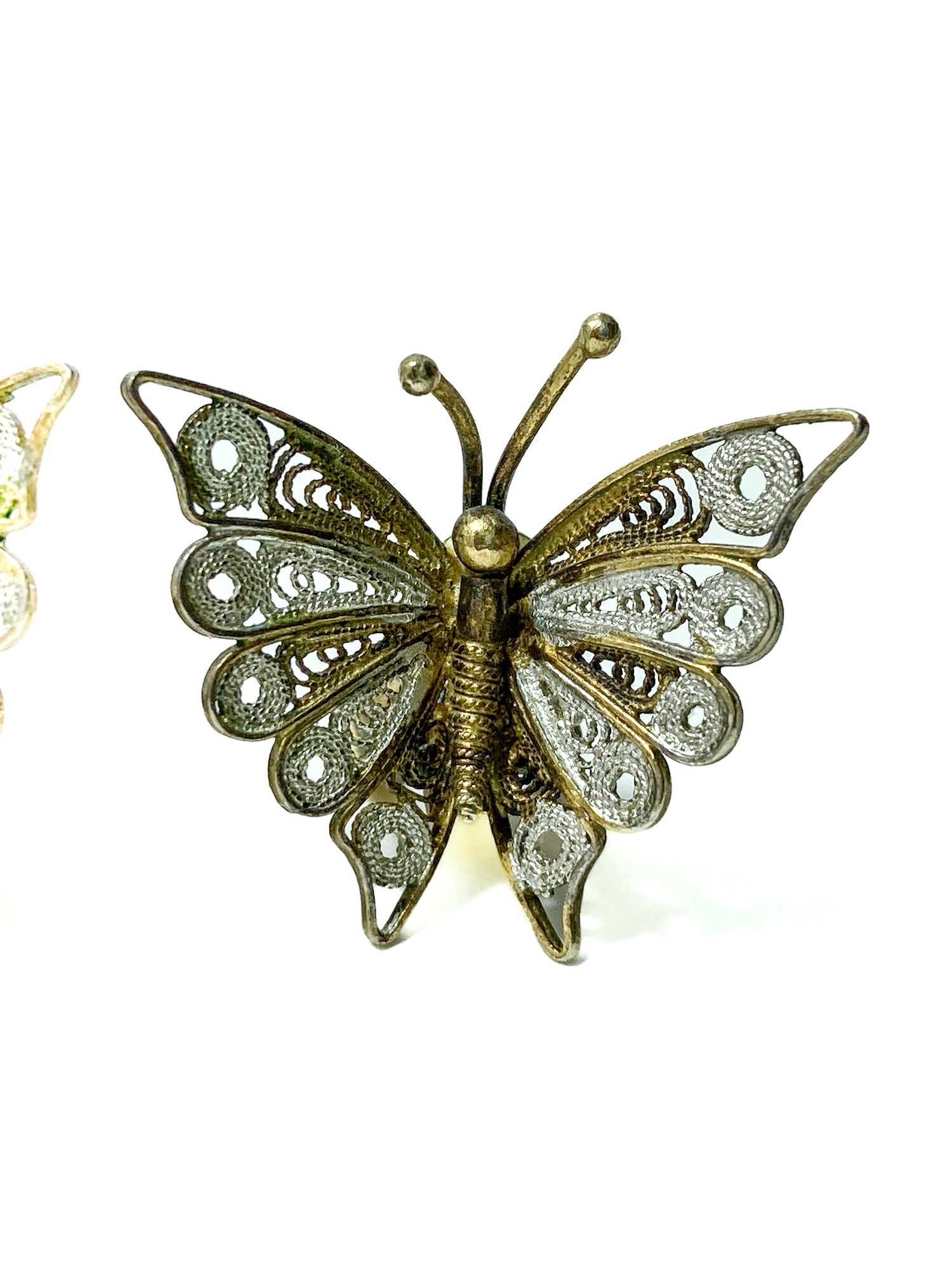 Vintage Enameled 800 Silver Filigree Butterfly Brooch Clip Earrings Set
