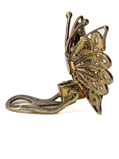 Vintage Enameled 800 Silver Filigree Butterfly Brooch Clip Earrings Set