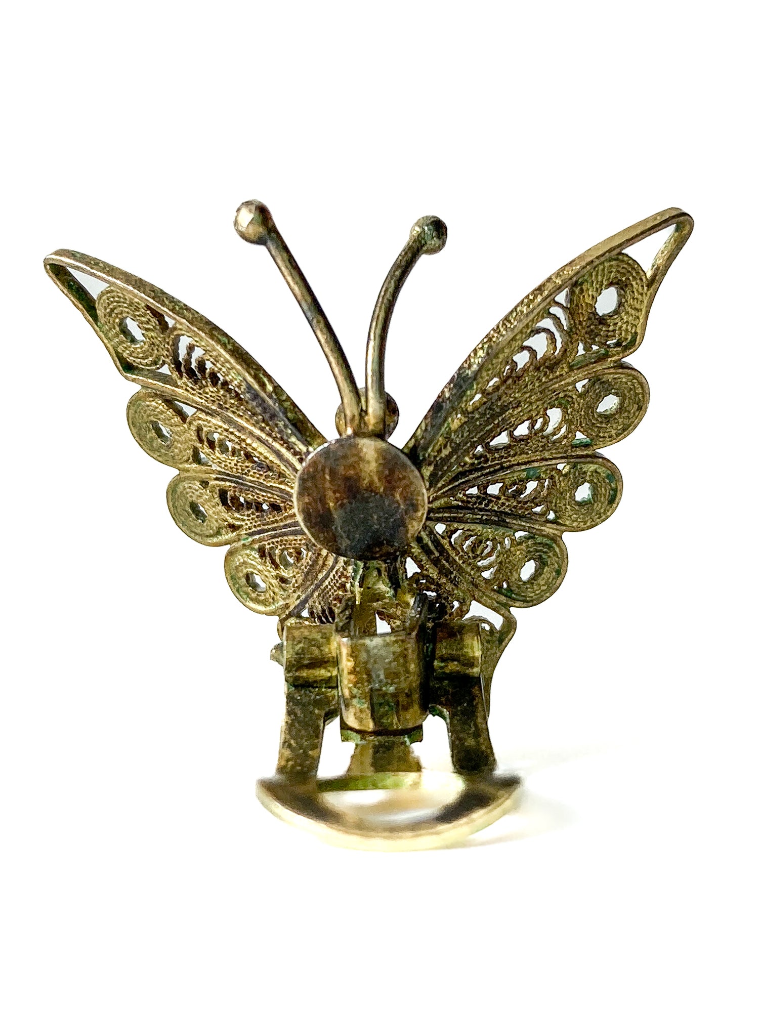 Vintage Enameled 800 Silver Filigree Butterfly Brooch Clip Earrings Set