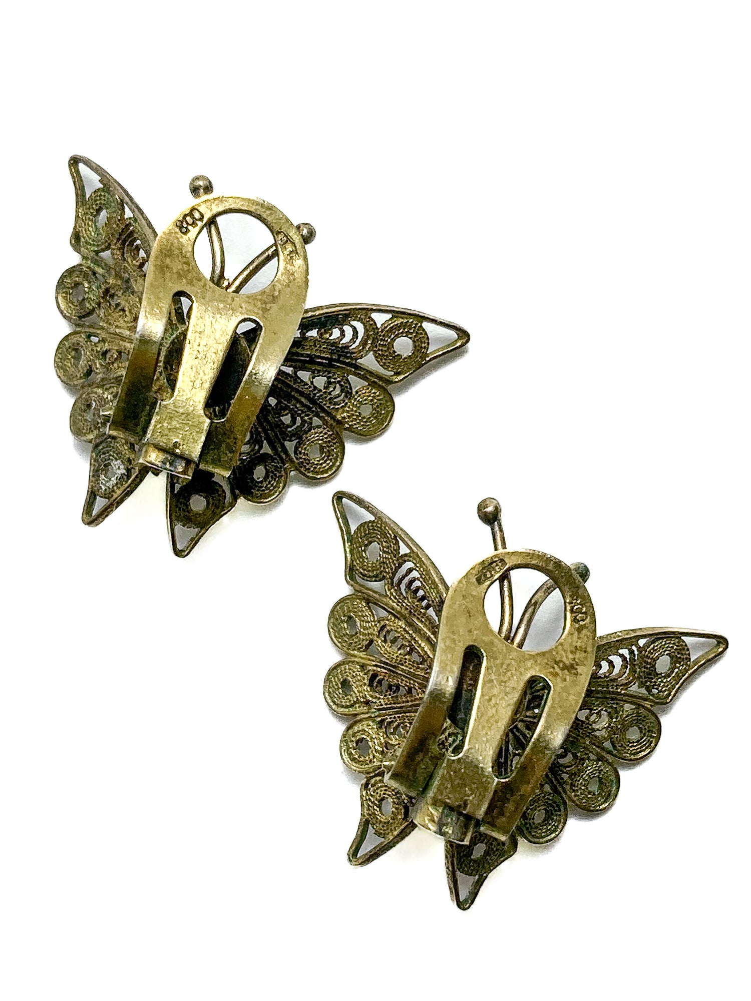 Vintage Enameled 800 Silver Filigree Butterfly Brooch Clip Earrings Set