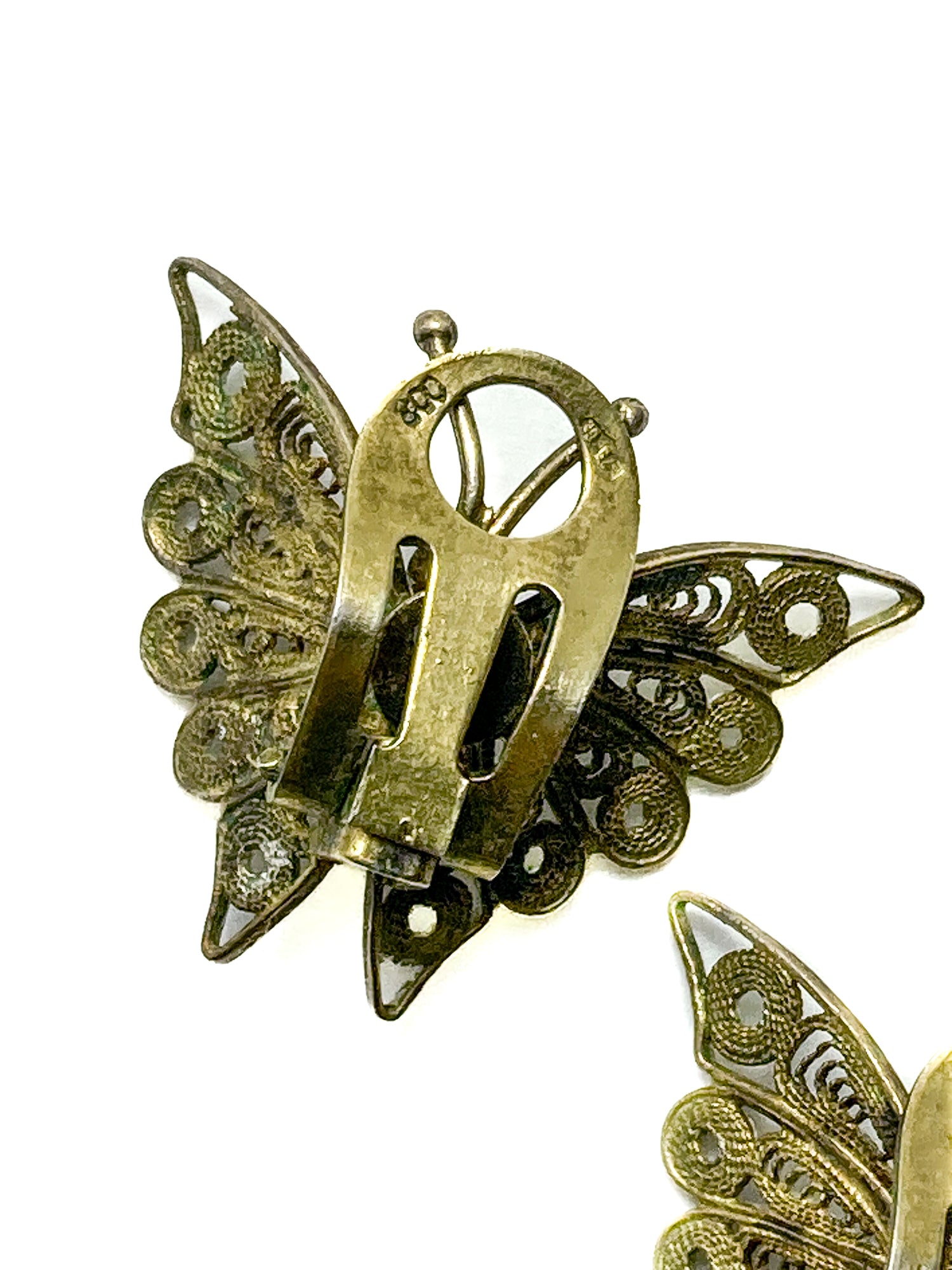 Vintage Enameled 800 Silver Filigree Butterfly Brooch Clip Earrings Set