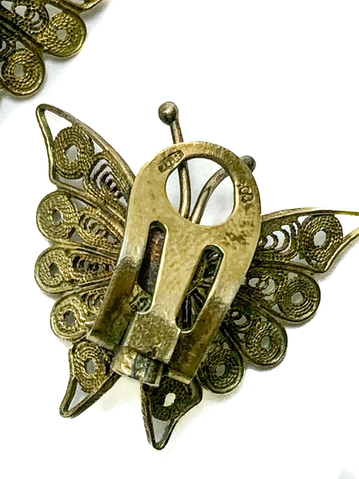 Vintage Enameled 800 Silver Filigree Butterfly Brooch Clip Earrings Set