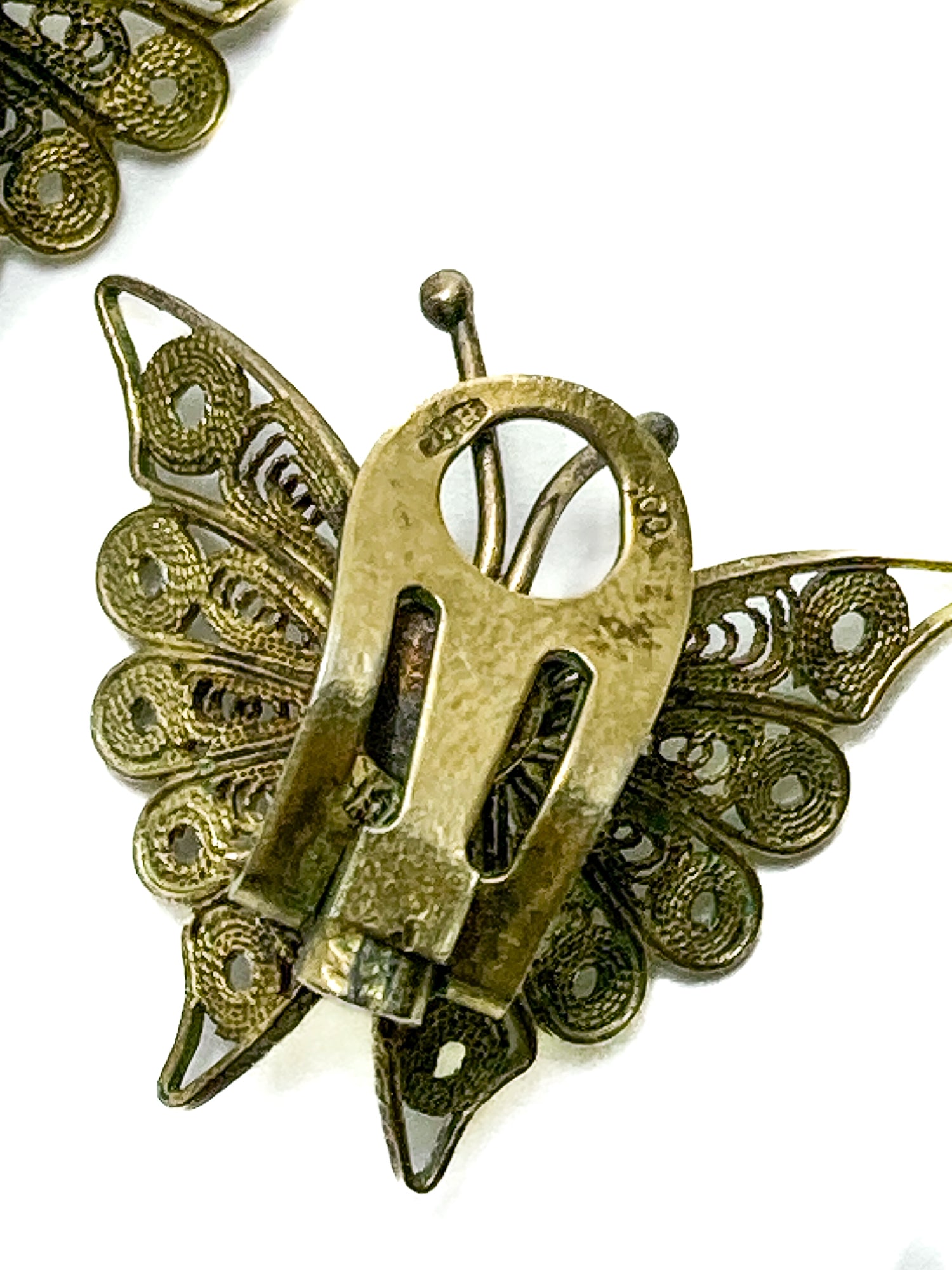 Vintage Enameled 800 Silver Filigree Butterfly Brooch Clip Earrings Set