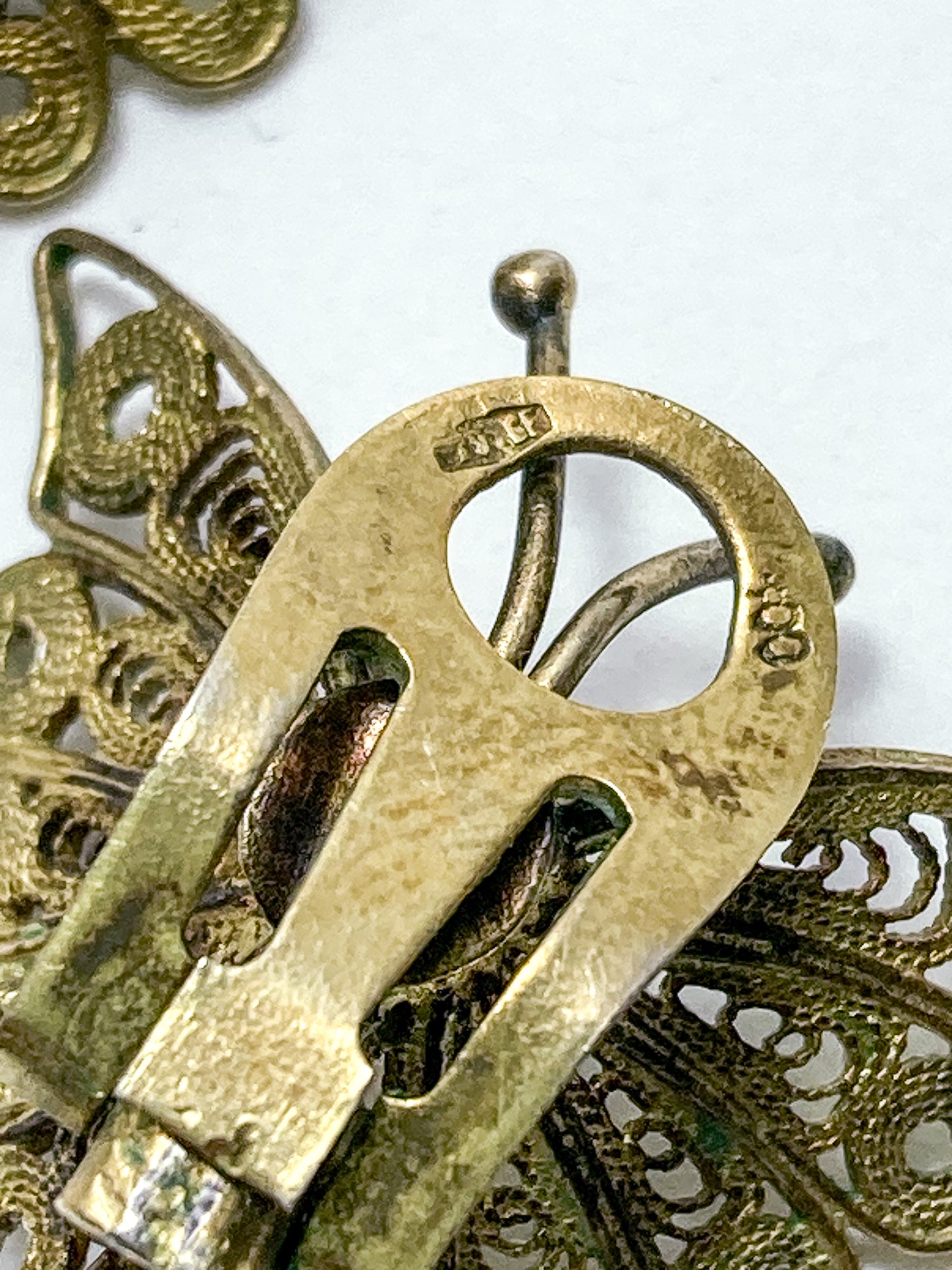 Vintage Enameled 800 Silver Filigree Butterfly Brooch Clip Earrings Set