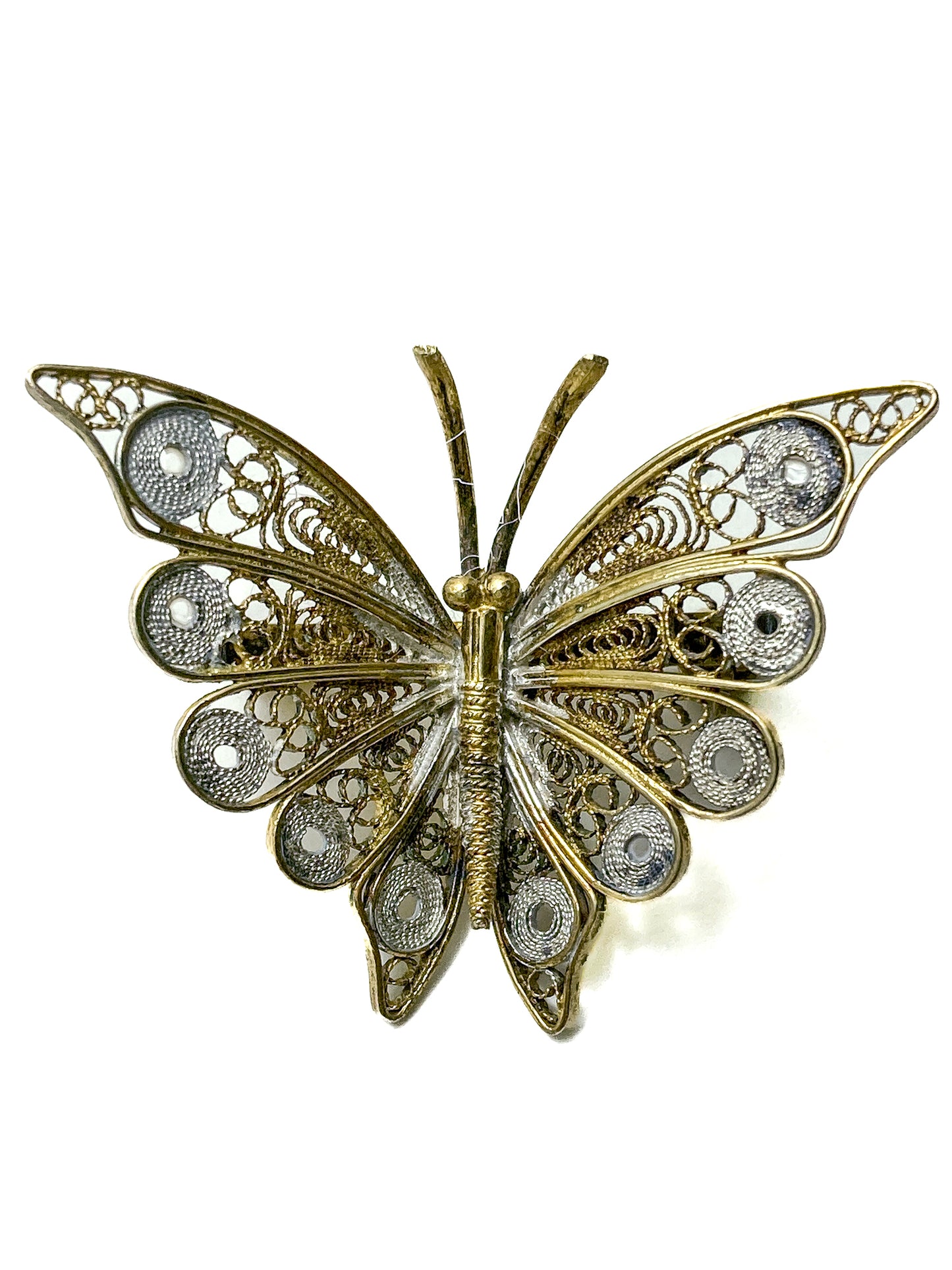 Vintage Enameled 800 Silver Filigree Butterfly Brooch Clip Earrings Set