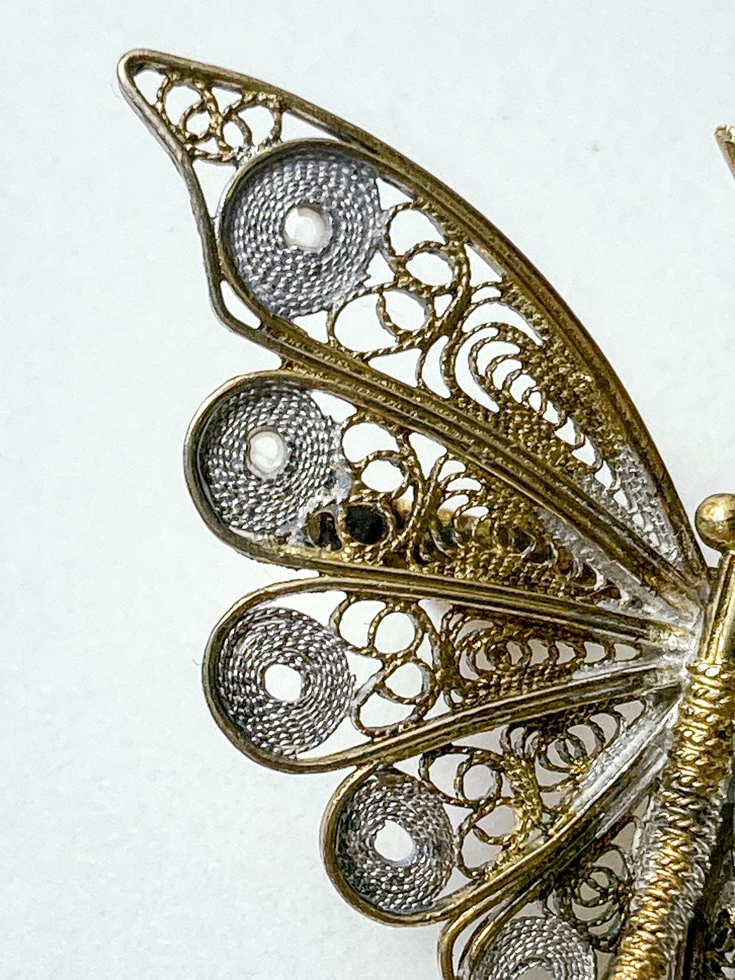 Vintage Enameled 800 Silver Filigree Butterfly Brooch Clip Earrings Set