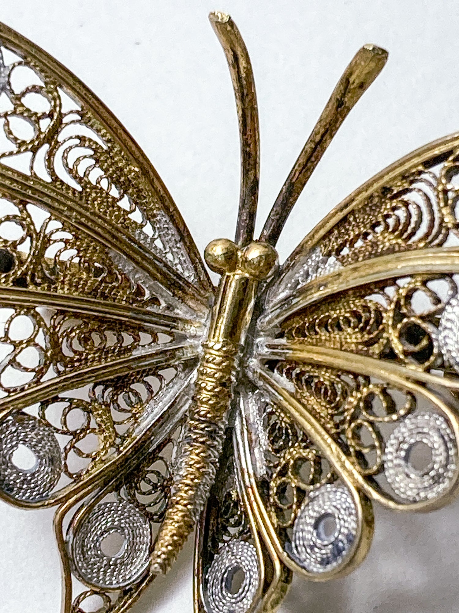 Vintage Enameled 800 Silver Filigree Butterfly Brooch Clip Earrings Set