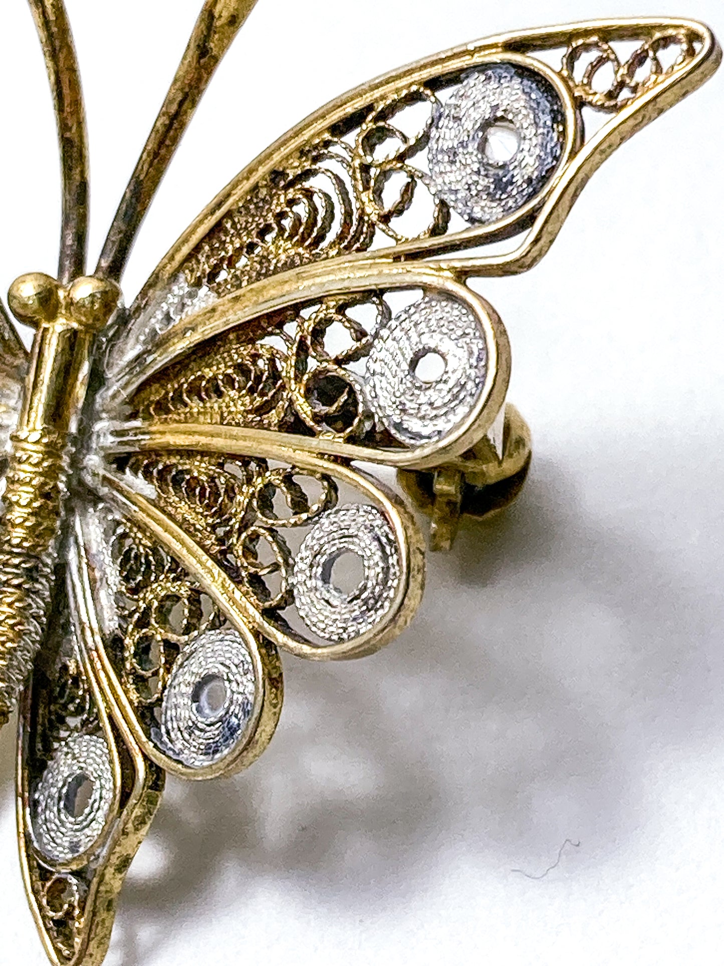 Vintage Enameled 800 Silver Filigree Butterfly Brooch Clip Earrings Set