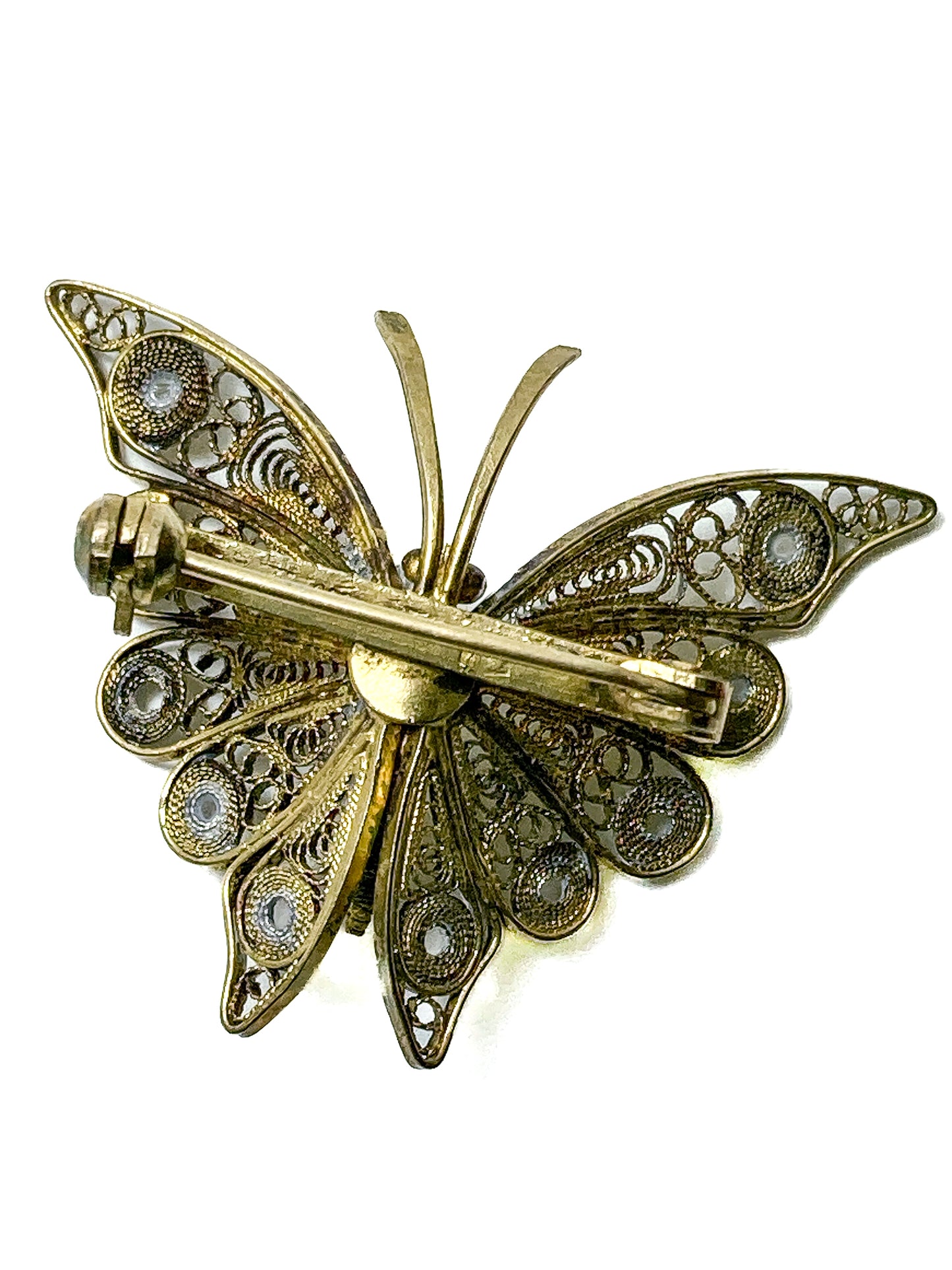 Vintage Enameled 800 Silver Filigree Butterfly Brooch Clip Earrings Set