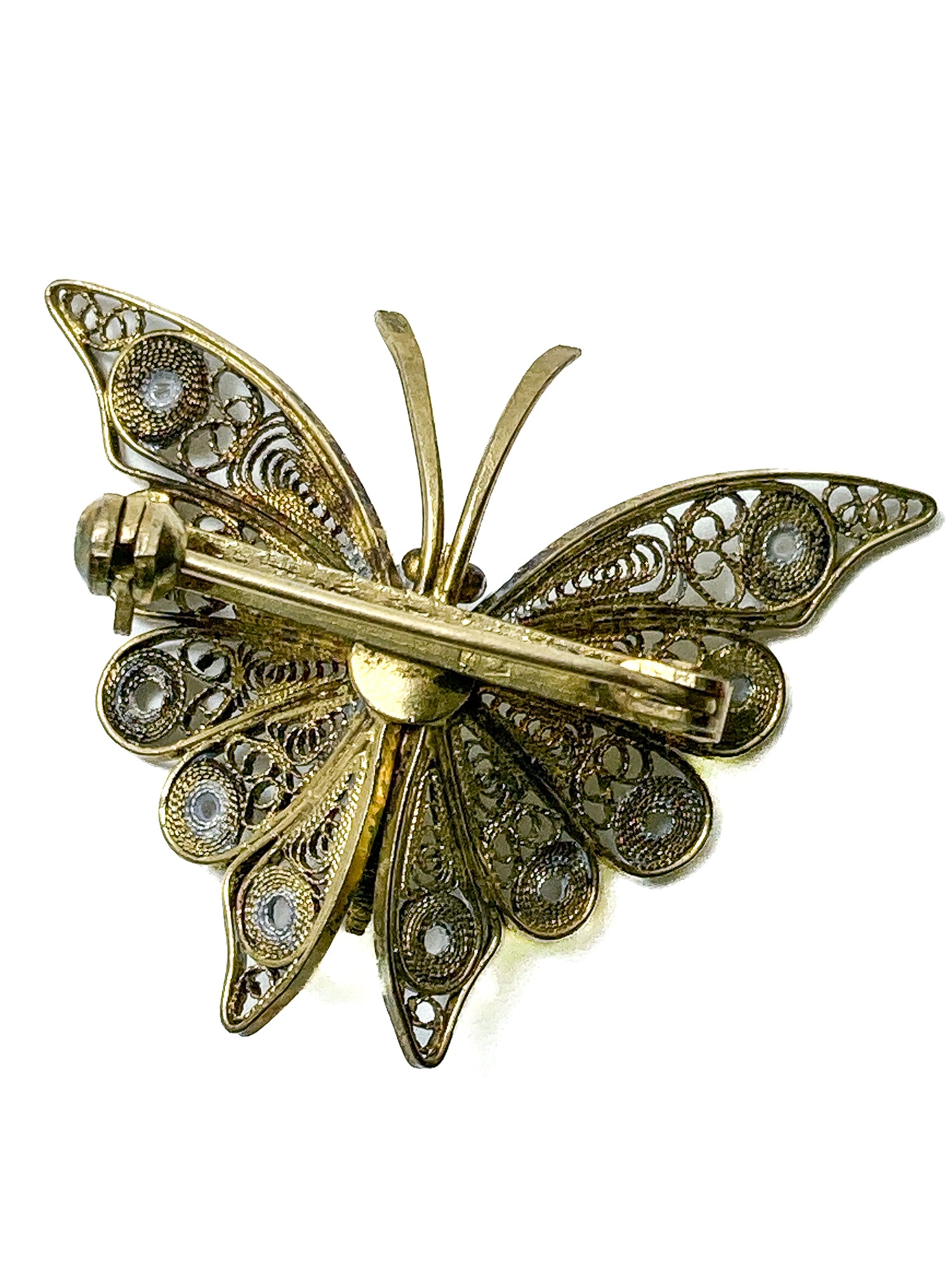 Vintage Enameled 800 Silver Filigree Butterfly Brooch Clip Earrings Set