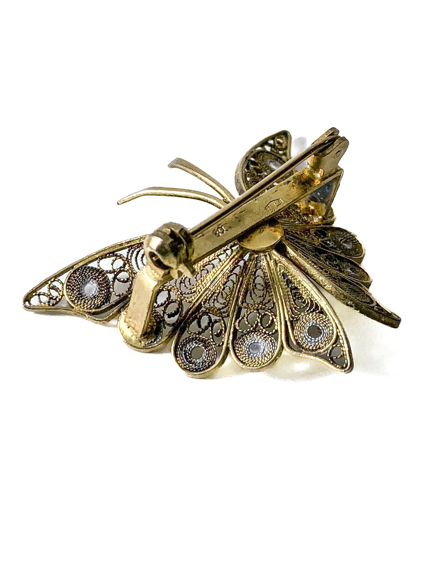 Vintage Enameled 800 Silver Filigree Butterfly Brooch Clip Earrings Set
