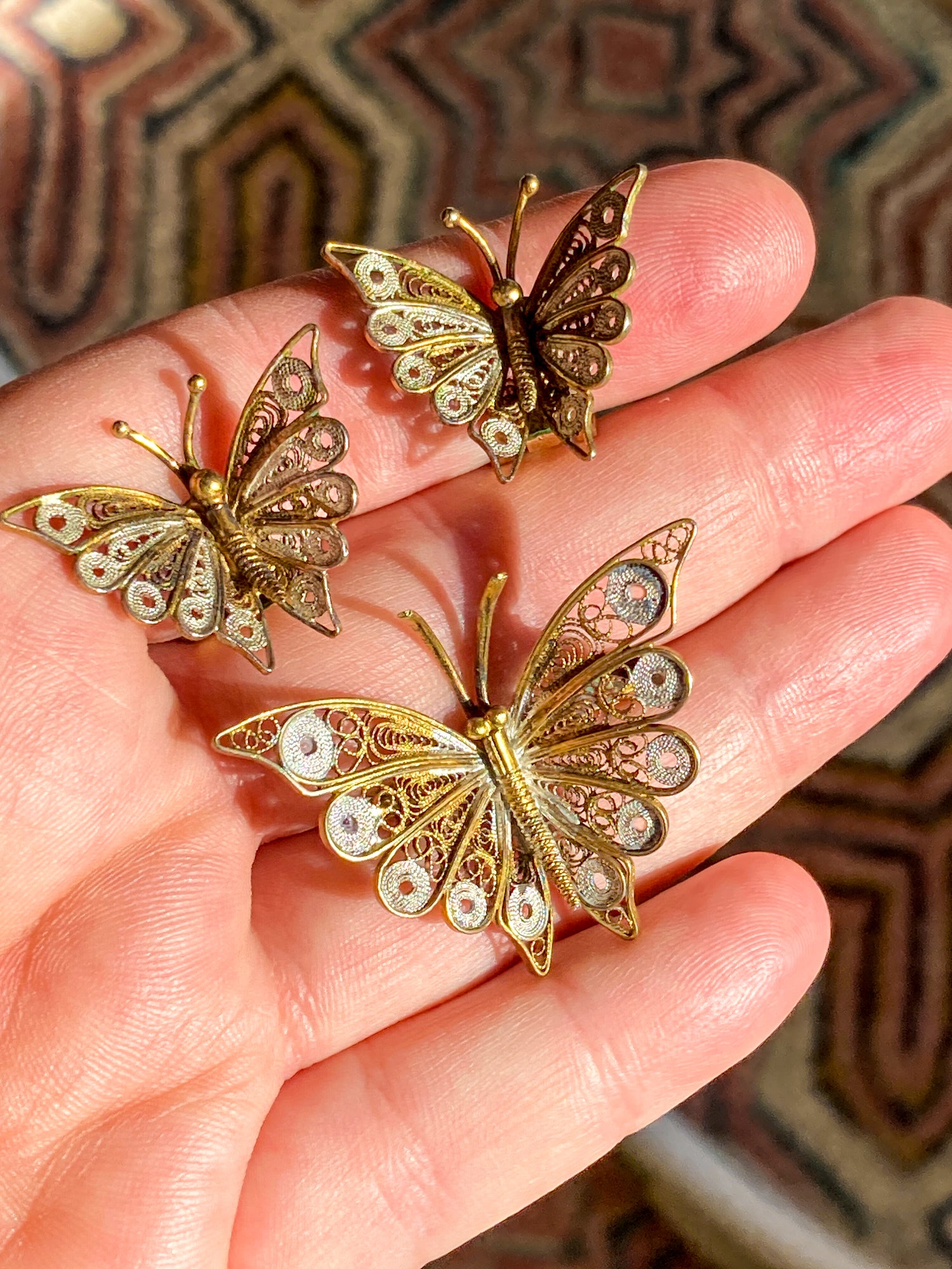 Vintage Enameled 800 Silver Filigree Butterfly Brooch Clip Earrings Set